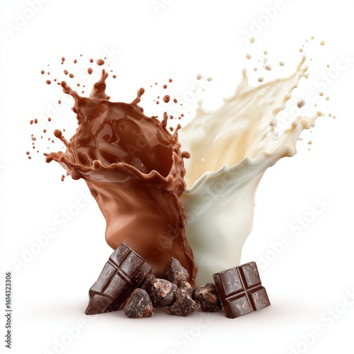 Dynamic splash of chocolate and vanilla milk, with chocolate pieces at the base against a white background