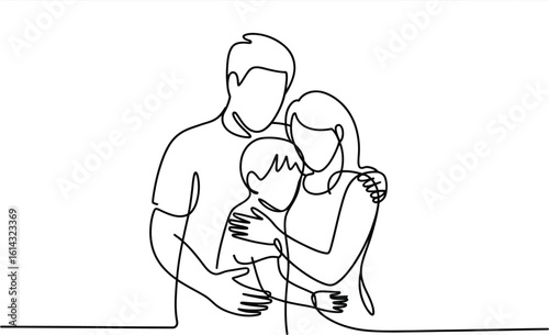 Continuous line drawing shows a family hugging with love and affection.