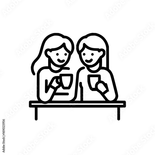Two young women at a table, smiling and holding mugs, enjoying a beverage together in black and white line art