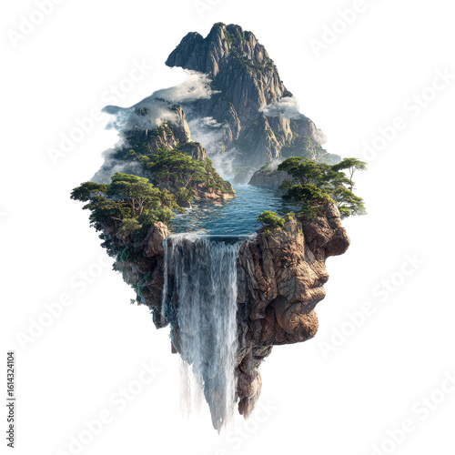 Floating island with waterfall. Lush landscape, misty mountains, and a flowing river