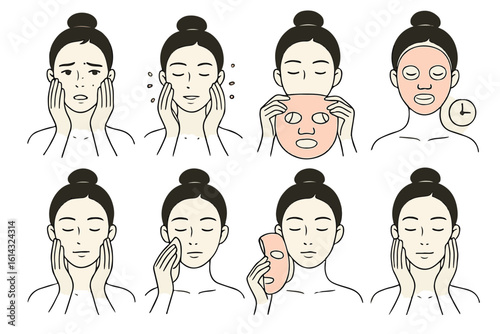Illustrated steps for applying a facial mask, showing cleansing, mask placement, waiting time, and removal for an effective skincare routine, ideal for facial makeup skincare cosmetics Background