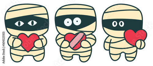 Cute Halloween mummies holding hearts and bandages, expressing love and affection with adorable expressions. Perfect for festive decorations