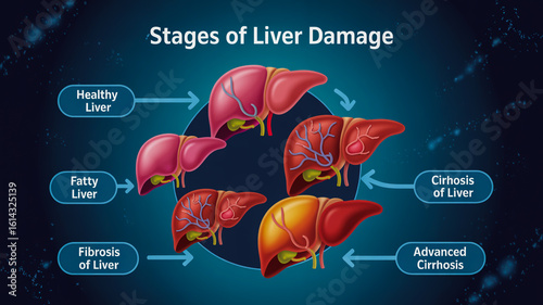 Medical infographic showing progression of liver damage stages from healthy to cirrhosis fatty