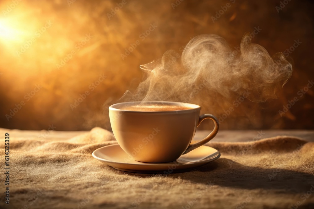 Fototapeta premium Aromatic Steam Rising from a Warm Cup of Coffee on a Soft Textile Surface