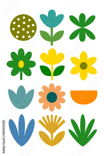 Flat Abstract Floral Illustration Set – Modern Botanical Elements in Colorful Minimal Style