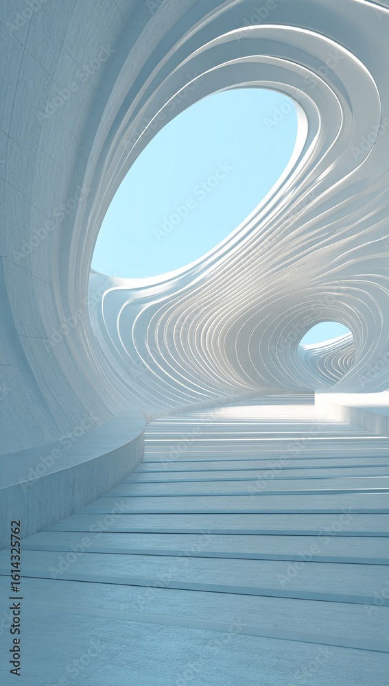 Obraz premium 3d illustration of abstract architecture background, geometric architectural with wavy curve design, Empty floor for car presentation. High quality