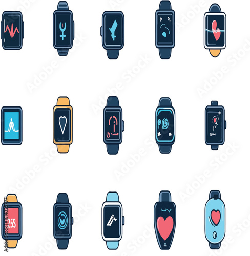 Collection of smartwatches displaying various health and fitness tracking icons on a white background