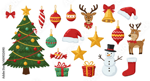 Festive christmas decorations featuring a tree, ornaments, gifts, and holiday characters isolated