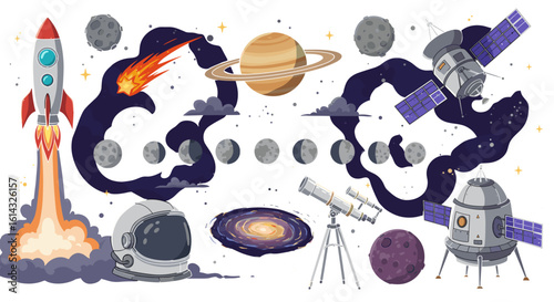 Illustration of a rocket launching into space with planets, moons, and space exploration equipment around