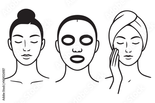 Minimalist beauty rituals illustration with woman applying face mask, skincare routine, and cleansing facial care methods for facial makeup skincare cosmetics Background