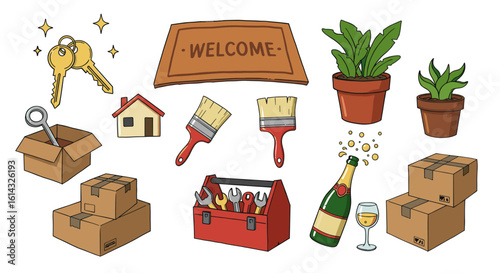 Illustration showing moving in items including boxes plants keys and tools on a white background art