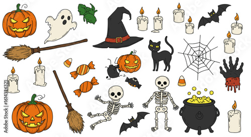 A halloween themed image featuring pumpkins, ghosts, bats, skeletons, and other spooky halloween elements
