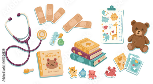 Illustration of a stethoscope, bandages, books, growth chart, and teddy bear on a white background