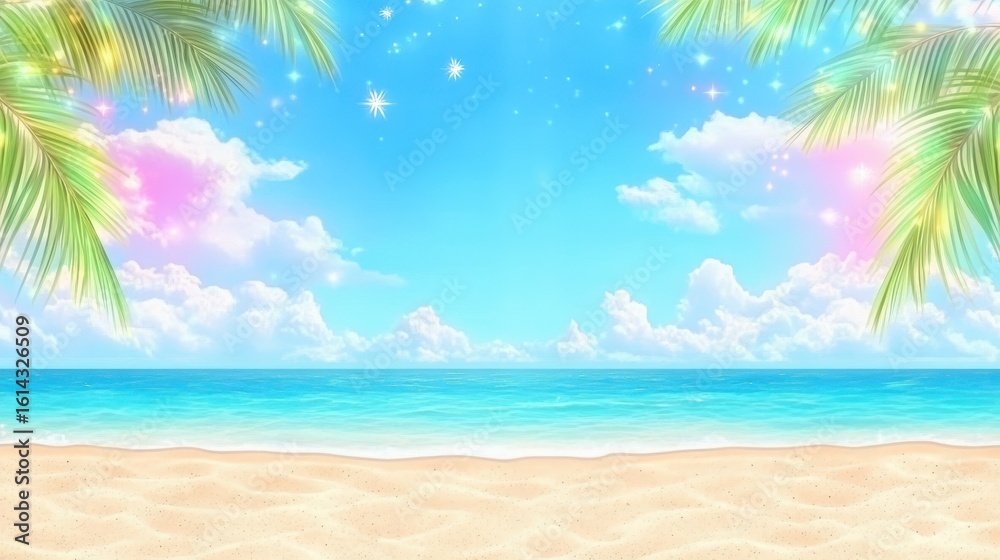 Obraz premium Tropical paradise beach landscape illustration sky. Nature paradise with ocean, sand, palm, clouds, and blue sky. Summer vacation concept, dreamy and bright background, perfect for relaxation,