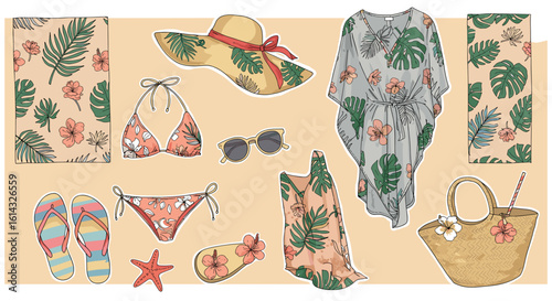Illustration of summer beach essentials including swimwear, hat, sunglasses, and beach bag on beige background