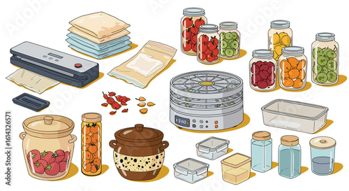 Illustration of food preservation equipment including jars, vacuum sealer, and dehydrator on white background