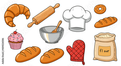 Illustration of baking items including croissant, rolling pin, chef hat, and bag of flour items