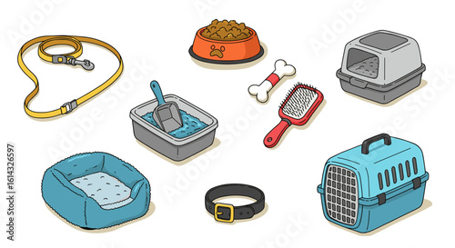 A collection of pet supplies including a leash, food bowl, carrier, and other accessories for animals