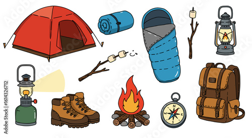 Illustration of camping equipment including a tent, backpack, campfire, and sleeping bag items set up outdoors
