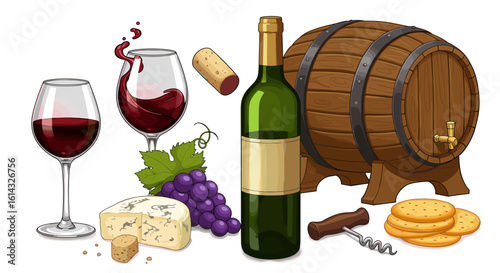 Still life illustration featuring wine glasses, bottle, cheese, grapes, barrel, and corkscrew tool