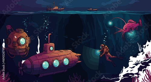 Underwater scene featuring submarines, a diver, an anglerfish, and surface vessels in a dark ocean view