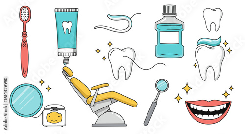 Dental care equipment including toothbrush, toothpaste, floss, mouthwash, chair, mirror, and teeth illustration