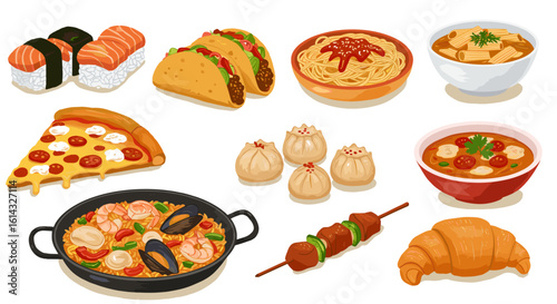 Illustration showing a variety of different food dishes including sushi, tacos, pizza, and paella dish