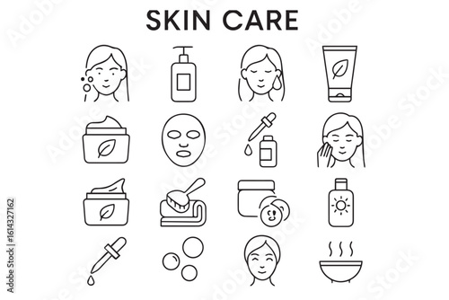 Set of skincare icons featuring products such as moisturizers, serums, face masks, and natural ingredients, for healthy skin and beauty routines, skincare cosmetics Background