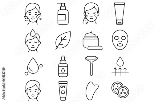 Minimalist icons of skincare products like creams, oils, masks, SPF, and facial care, representing beauty, self care routines, and natural skincare, skincare cosmetics Background