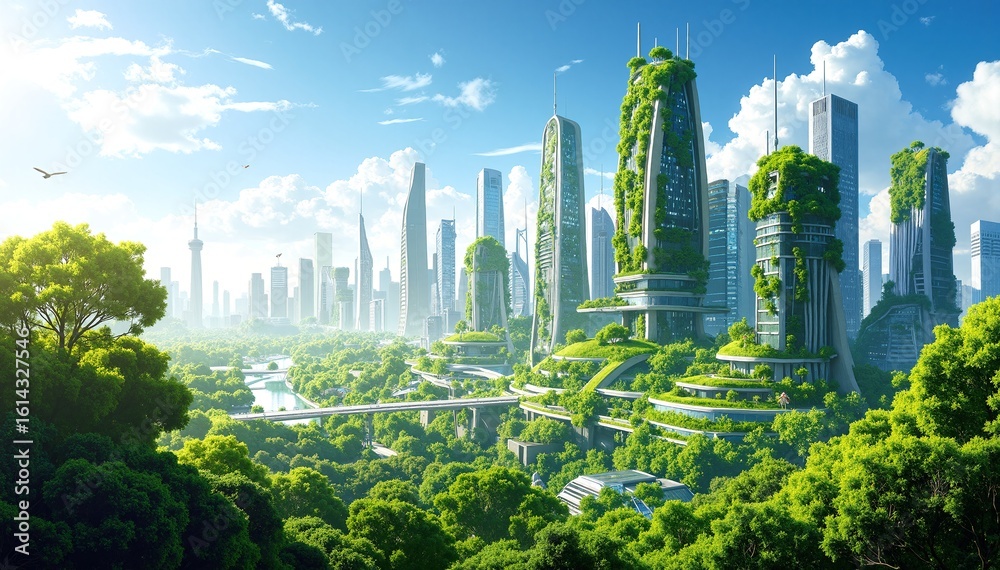 Fototapeta premium A vibrant cityscape featuring a harmonious blend of lush green trees and modern buildings, showcasing urban life intertwined with nature's beauty.