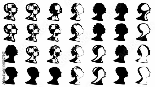 Collection of silhouette head profiles in varying styles and orientations arranged in a grid pattern design