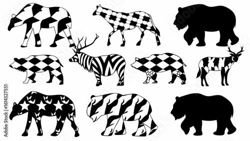 Illustration of various animals including bears deer and tapirs with different patterns and solid fill silhouette