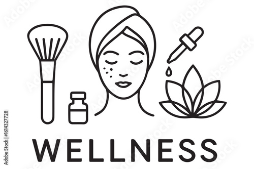 Wellness and Skin Care Icon Set with Facial Mask, Herbal Drops, Brush, and Skin Care Bottle for Healthy Skin and Beauty Treatments, facial makeup skincare cosmetics Background