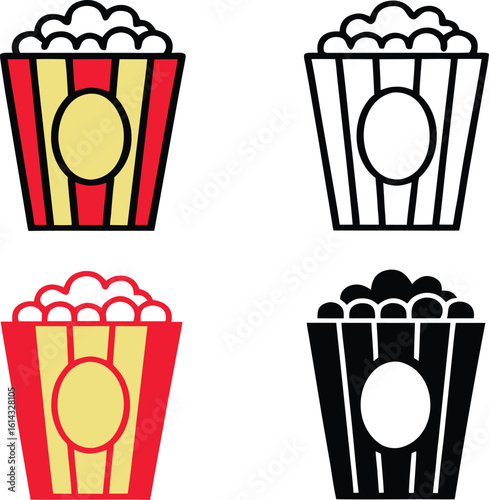 Four popcorn bucket icons in different styles and colors.