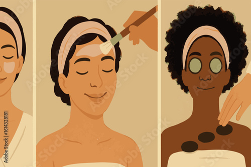 Serene Spa Facial Treatment Illustration Women Enjoying Skincare Rituals, Applying Face Masks, Hot Stones, and Relaxing with Spa Therapy, facial makeup skincare cosmetics Background