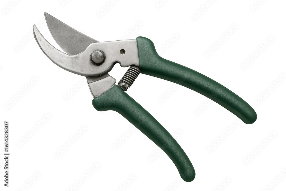 Obraz premium Green-handled metal secateurs gleaming, positioned for precise pruning and garden trimming against transparent backdrop