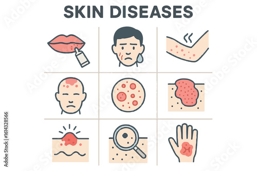 Illustrations of Common Skin Diseases and Disorders Acne, Rashes, Skin Infections, and Treatment Visuals, Dermatology Awareness, facial makeup skincare cosmetics Background