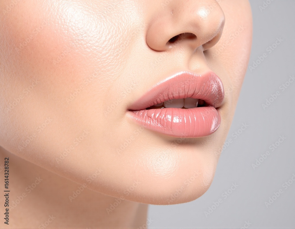 Obraz premium A woman with her mouth open, showcasing a bright smile, adorned with vibrant pink lipstick, her eyes sparkling with joy and excitement.