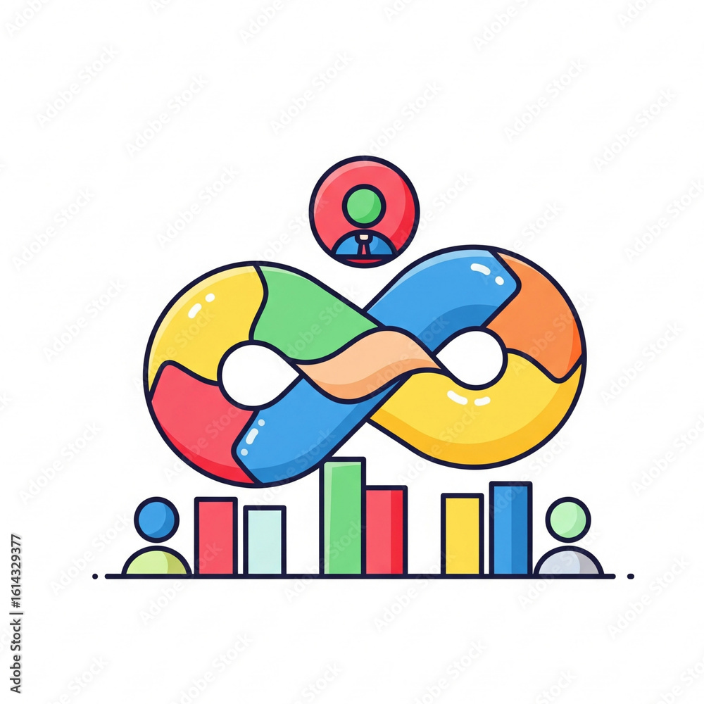 Fototapeta premium Infinite Business Growth Illustration. Infinity Symbol, People Icons, and Bar Graphs Representing Endless Business Growth and Collaboration. Business Cycle, Sustainability, Teamwork, Financial Progres