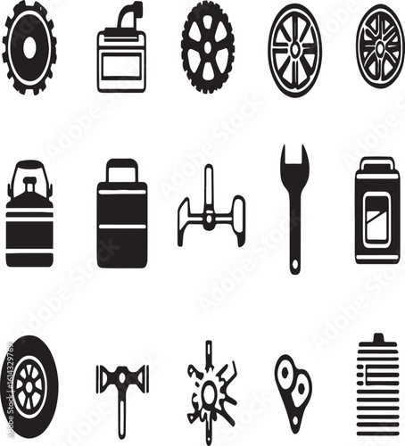 Illustration of various automotive parts and tools in a simple dark blue and white color scheme