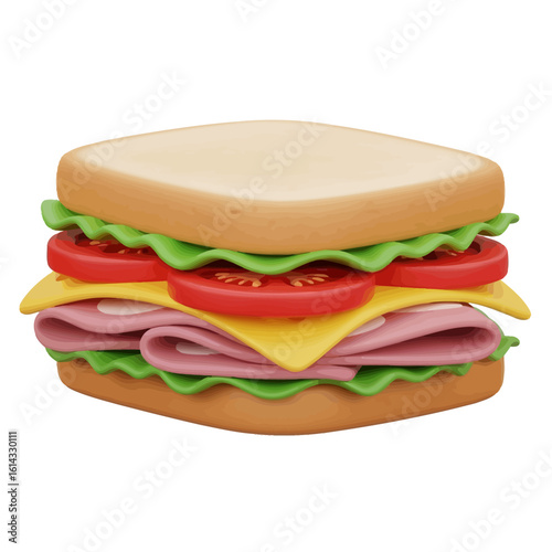 A colorful 3D render of a sandwich with ham, cheese, tomato, and lettuce between two slices of bread.