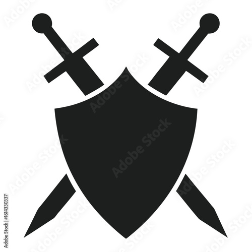 Black shield with crossed swords illustration for heraldry and defense icons