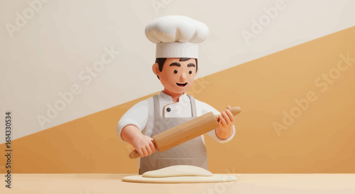 A cheerful cartoon chef expertly rolls dough, preparing pastry on a light wood surface. Vector illustration.