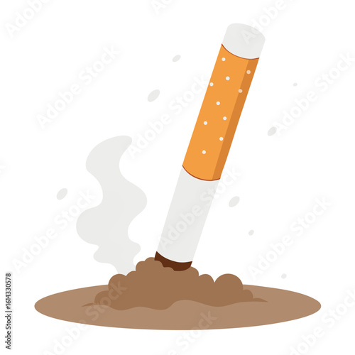Cartoon Cigarette Butt in the Ground with Rising Smoke Illustration Concept