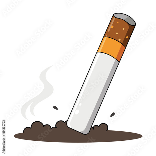 Cartoon Cigarette Butt with Smoke Embedded in Ground Illustration Element