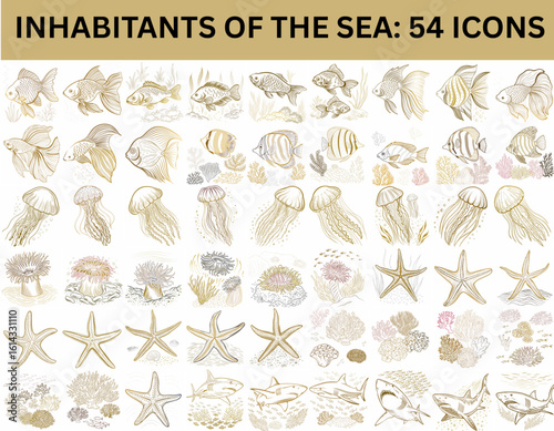 Inhabitants of the Sea Icon Set with Fish, Jellyfish, Shark, Coral, and Starfish  