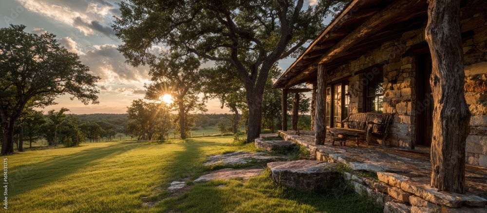 Fototapeta premium Rustic Cabin Sunset in Texas Hill Country