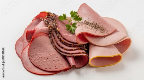 Smoked deli meats assortment on white