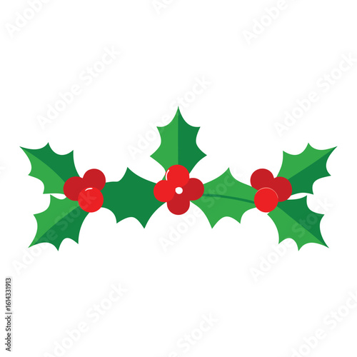 Simple Flat Design Christmas Holly Berry Sprig Illustration on White