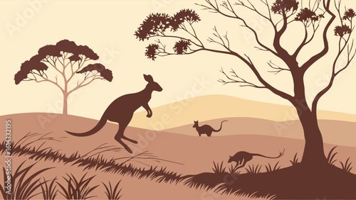 Silhouette of Kangaroo and Young Joey in Natural Australian Landscape